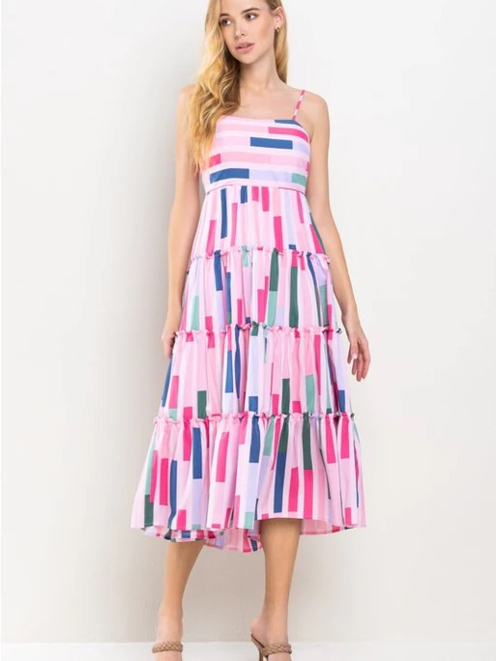 TCEC Pink Geometric Spaghetti Strap Tiered Midi Dress Blue & Green Accents M
